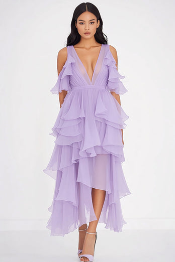Lilac Chiffon V-Neck Ruffled Long Formal Dress with Slit