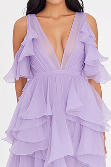 Lilac Chiffon V-Neck Ruffled Long Formal Dress with Slit