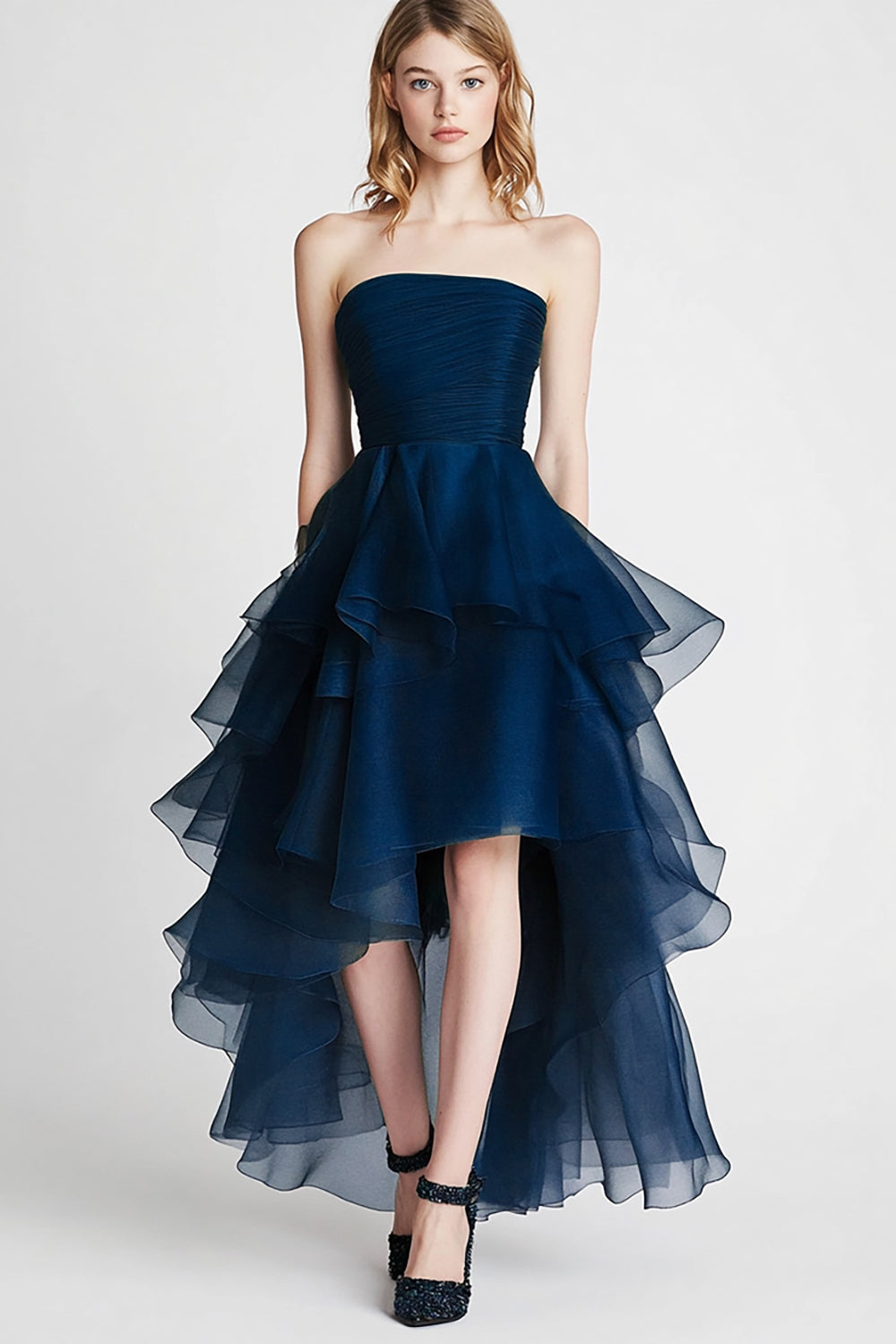Navy Tulle Tiered Strapless A Line Long Formal Dress