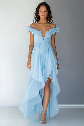 Sky Blue High Low Chiffon A Line Formal Dress with Ruffles