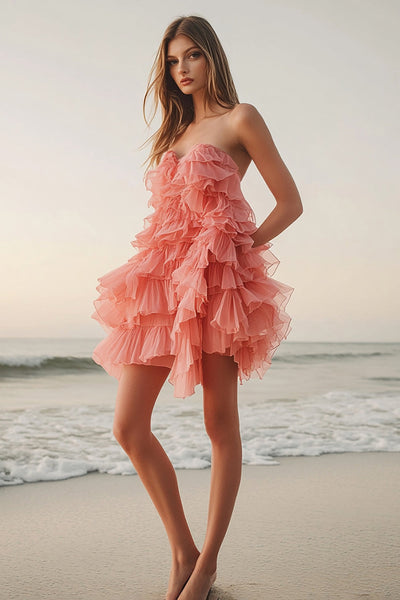 Pink Orange Tiered Tulle Strapless Sweetheart Formal Dress