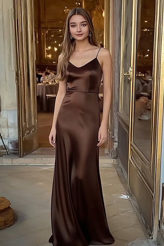Coffee Sheath Satin V-Neck Long Formal Dress