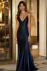 Load image into Gallery viewer, Navy V-Neck Sheath Satin Spaghetti Straps Long Formal Dress