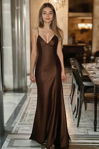 Coffee Sheath Satin Spaghetti Straps Long Formal Dress