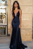 Load image into Gallery viewer, Navy Deep V-Neck Sheath Satin Spaghetti Straps Long Formal Dress