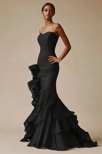 Sweetheart Mermaid Tiered Long Black Tie Dress
