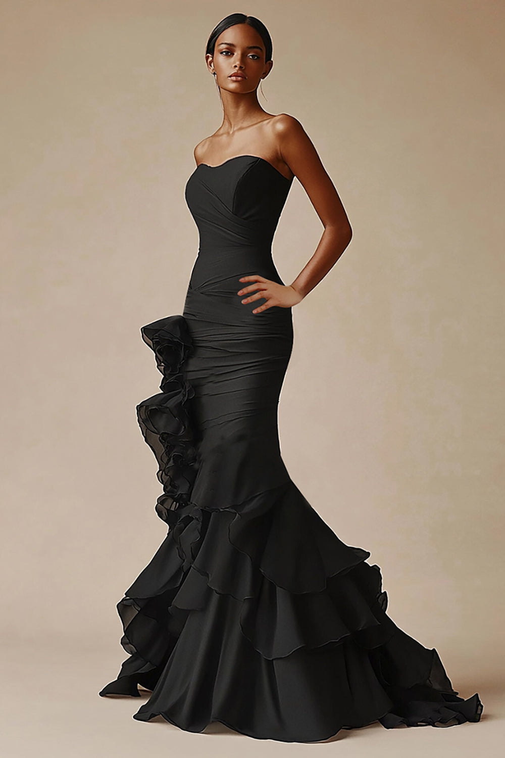 Sweetheart Mermaid Tiered Long Black Tie Dress