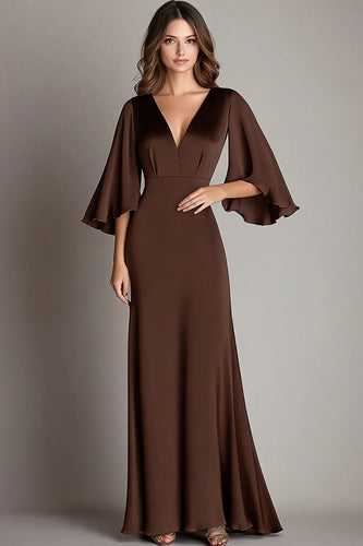 Coffee Sheath Satin Long Formal Dress with Sleeves