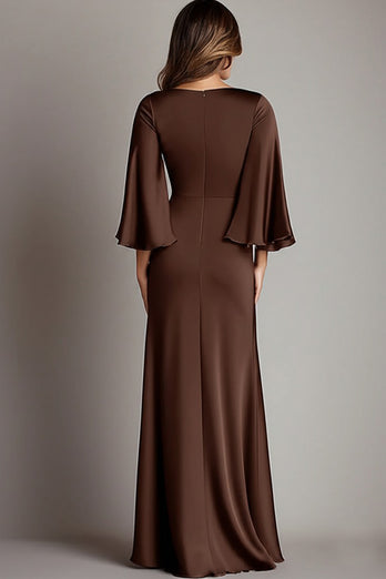 Coffee Sheath Satin Long Formal Dress with Sleeves