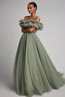 Load image into Gallery viewer, Women Dusty Sage A Line Tulle Long Formal Dress Off the Shoulder Ruffled Pleated Prom Dress