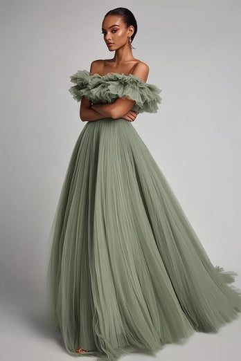 Dusty Sage Tulle A Line Long Formal Dress with Ruffles