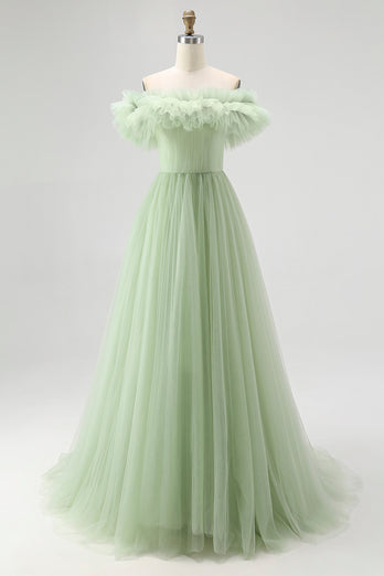 Dusty Sage A Line Tulle Long Formal Dress with Ruffles