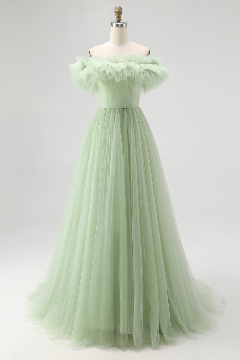 Load image into Gallery viewer, Dusty Sage A Line Tulle Long Formal Dress with Ruffles