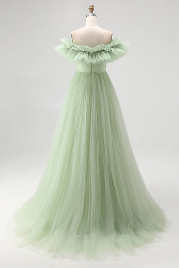 Dusty Sage A Line Tulle Long Formal Dress with Ruffles
