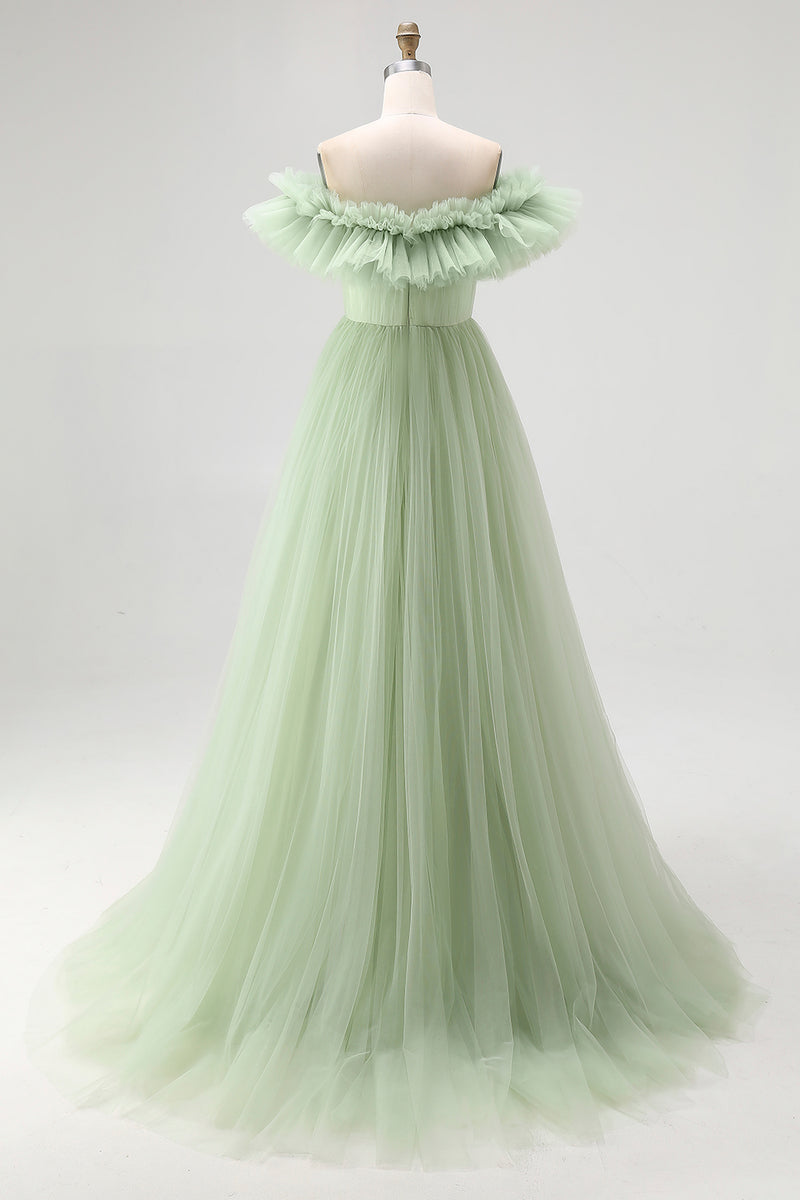 Load image into Gallery viewer, Dusty Sage A Line Tulle Long Formal Dress with Ruffles
