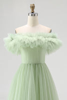 Load image into Gallery viewer, Dusty Sage A Line Tulle Long Formal Dress with Ruffles