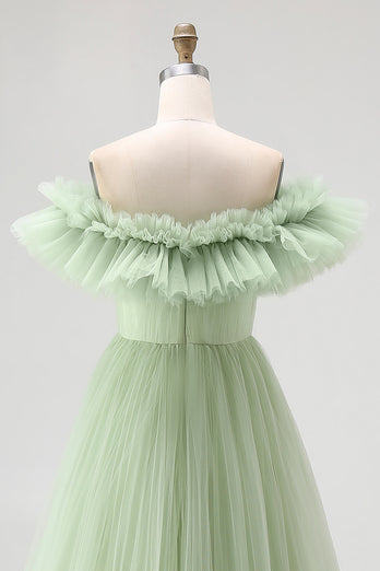 Dusty Sage A Line Tulle Long Formal Dress with Ruffles