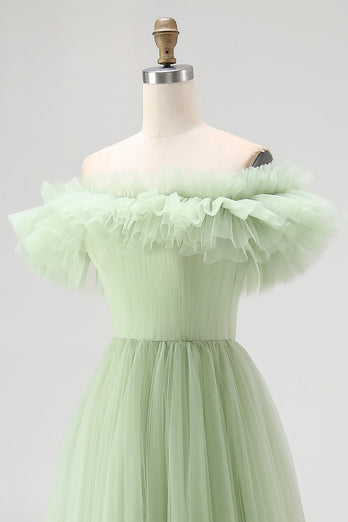 Dusty Sage A Line Tulle Long Formal Dress with Ruffles