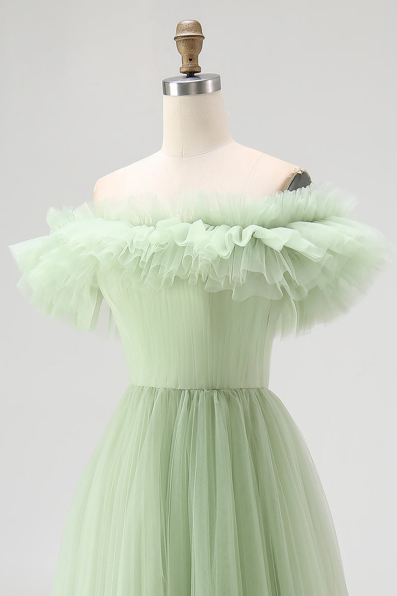 Load image into Gallery viewer, Dusty Sage A Line Tulle Long Formal Dress with Ruffles