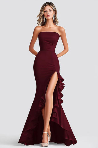 Burgundy Mermaid Asymmetrical Long Formal Dress with Slit