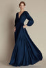 Load image into Gallery viewer, Navy V-Neck A Line Satin Long Formal Dress with Sleeves