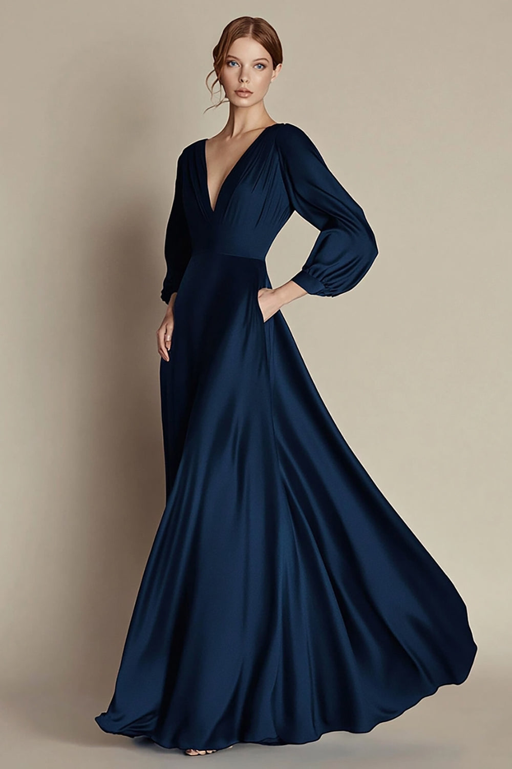 Navy V-Neck A Line Satin Long Formal Dress with Sleeves