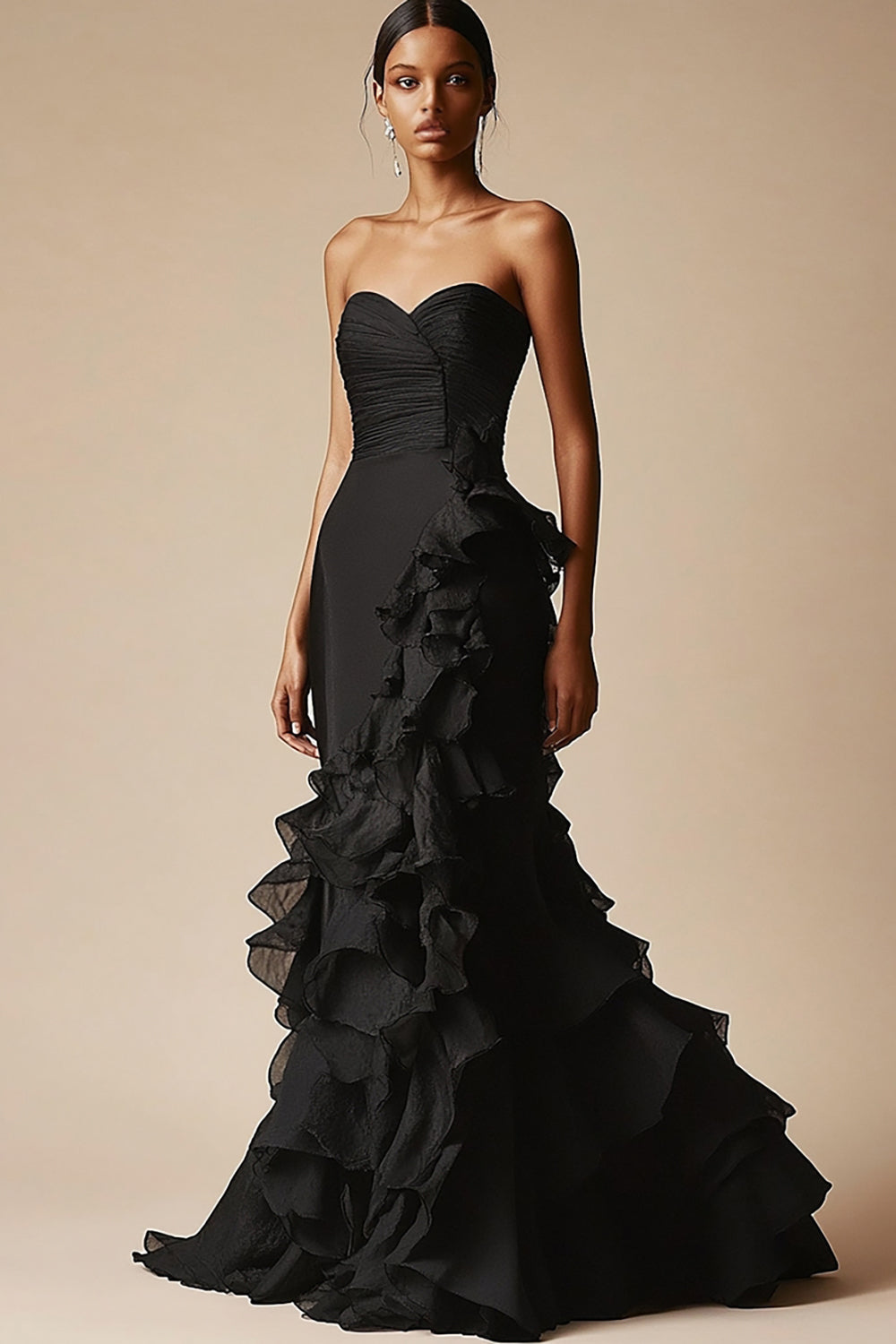 Mermaid Sweetheart Tiered Long Black Tie Dress