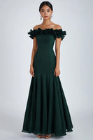 Load image into Gallery viewer, Dark Green Sheath Pleated Off the Shoulder Long Formal Dress with Ruffles