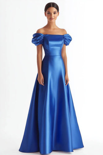 Royal Blue A Line Satin Long Formal Dress with Ruffles