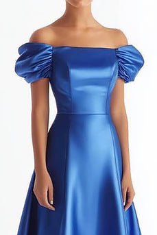 Royal Blue A Line Satin Long Formal Dress with Ruffles