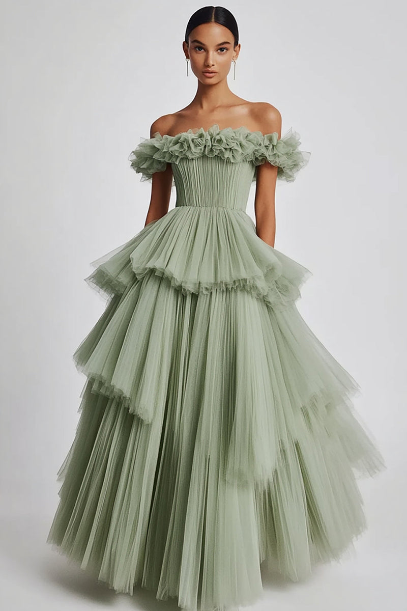 Load image into Gallery viewer, Dusty Sage Ball Gown Tulle Long Formal Dress with Ruffles