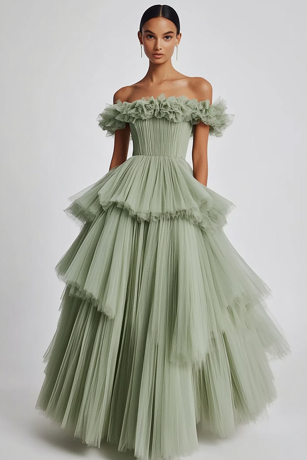 Dusty Sage Ball Gown Tulle Long Formal Dress with Ruffles
