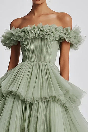 Dusty Sage Ball Gown Tulle Long Formal Dress with Ruffles