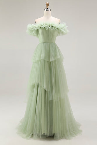 Dusty Sage Tulle Ball Gown Maxi Formal Dress with Ruffles