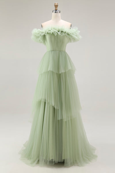Dusty Sage Tulle Ball Gown Maxi Formal Dress with Ruffles