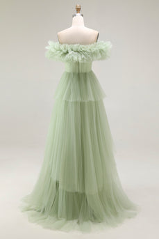 Dusty Sage Tulle Ball Gown Maxi Formal Dress with Ruffles