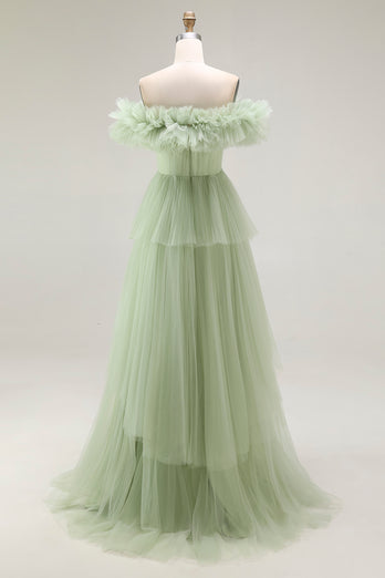 Dusty Sage Tulle Ball Gown Maxi Formal Dress with Ruffles