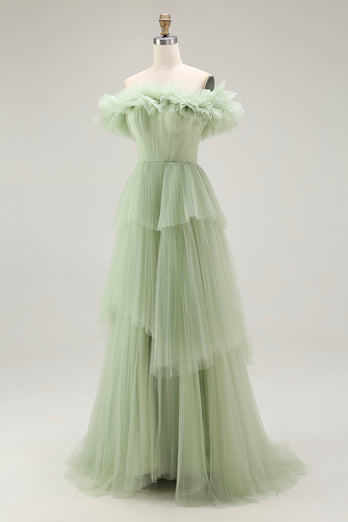 Dusty Sage Tulle Ball Gown Maxi Formal Dress with Ruffles