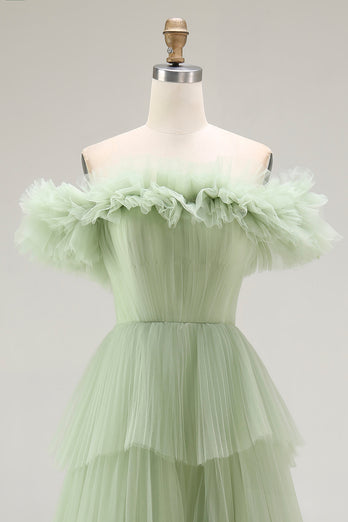Dusty Sage Tulle Ball Gown Maxi Formal Dress with Ruffles