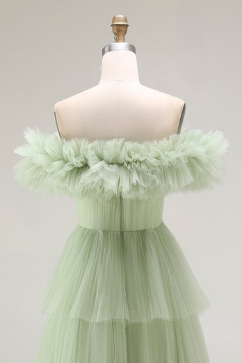 Dusty Sage Tulle Ball Gown Maxi Formal Dress with Ruffles