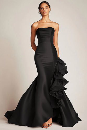Satin Mermaid Long Black Tie Dress with Ruffles