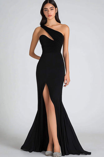 Chiffon Mermaid One Shoulder Keyhole Long Black Tie Dress