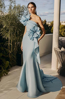 Load image into Gallery viewer, Sky Blue Sheath Ruched Long Formal Dress with 3D Flowers
