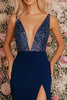 Load image into Gallery viewer, Sparkly Dark Blue V-Neck Sheath Chiffon Long Formal Dress with Slit