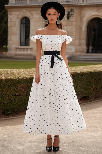 Black&White A Line Off the Shoulder Ruffled Long Formal Dress