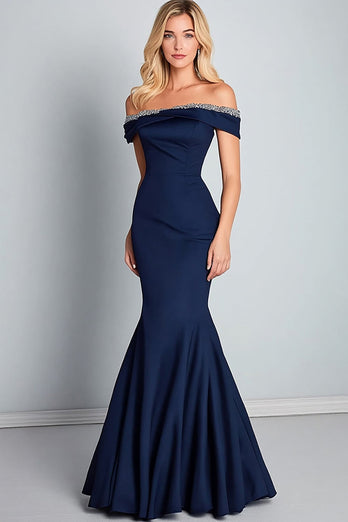 Navy Off the Shoulder Mermaid Long Formal Dress