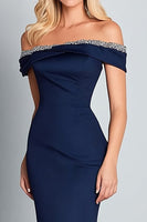 Load image into Gallery viewer, Navy Off the Shoulder Mermaid Long Formal Dress