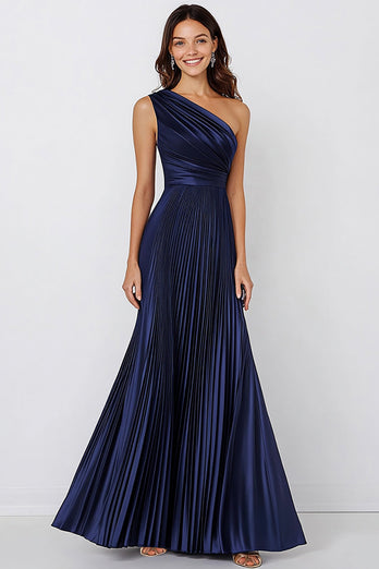 Navy Satin A Line Pleated One Shoulder Long Formal Dress