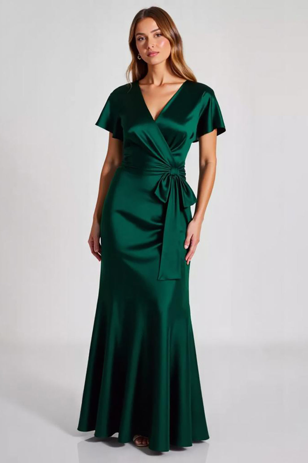 Dark Green Sheath V-Neck Satin Long Formal Dress with Bowknot