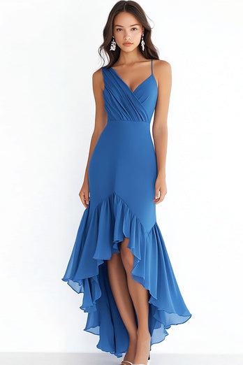 Blue Chiffon Sheath High Low Ruched Formal Dress